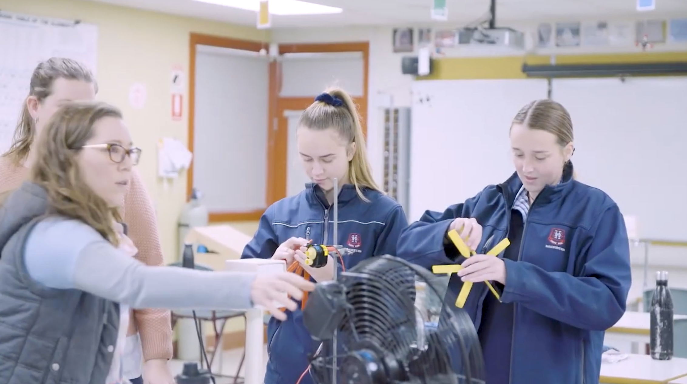 STR Two Teachers And Two Female Students And Wind Turbine And Fan